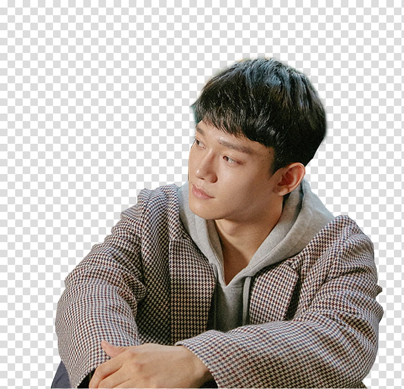 SHARE cm X Chen Bye Babe EXO, man wearing gray and red coat transparent background PNG clipart