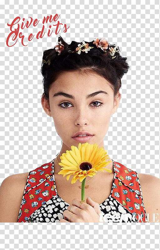 Madison Beer, woman in red and white sleeveless top holding sunflower transparent background PNG clipart