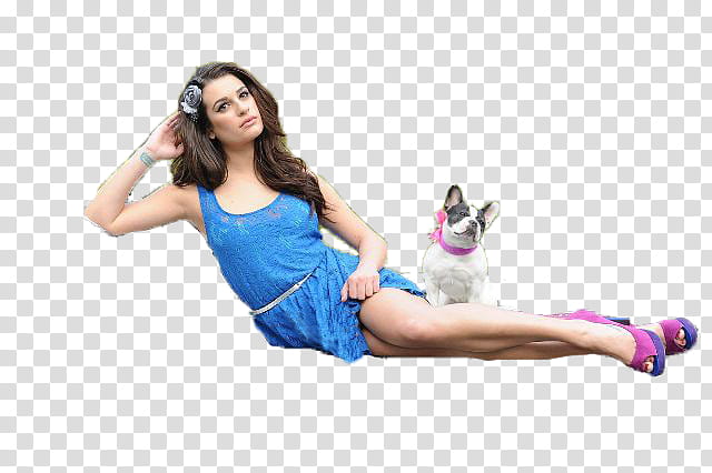 Lea michele , woman beside white and black French bulldog puppy transparent background PNG clipart