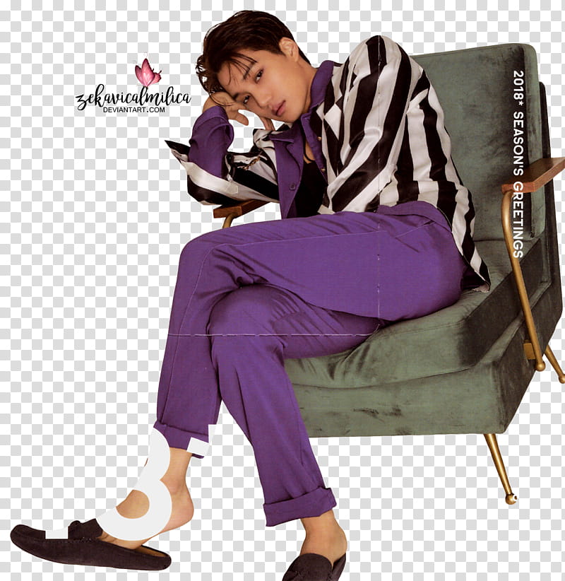 EXO Kai  Season Greetings, man sitting on green fabric padded armchair transparent background PNG clipart