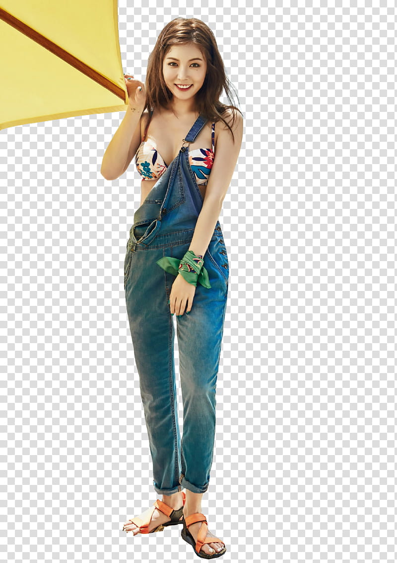 HYUNA , smiling woman wearing blue denim overall pants transparent background PNG clipart