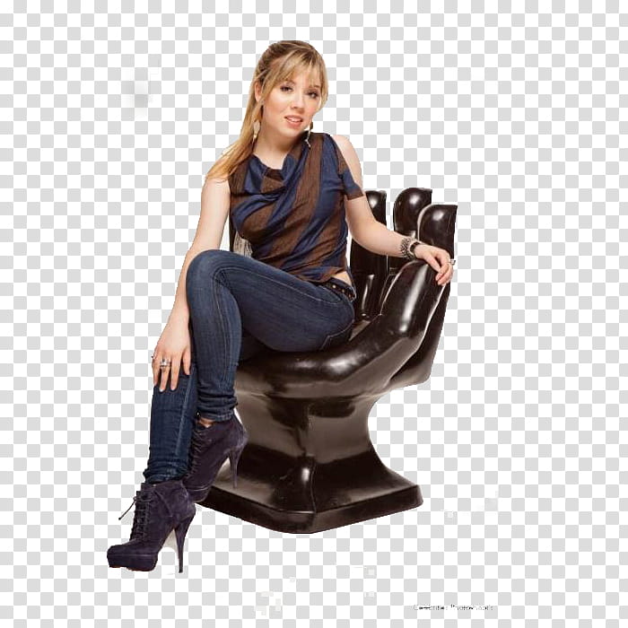 women\s blue and brown striped blouse and blue jeans outfit sitting on arm-shaped chair transparent background PNG clipart