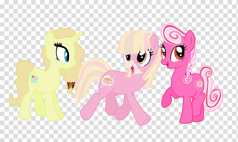 Candy OCs, three yellow, pink, and red Little Pony transparent background PNG clipart