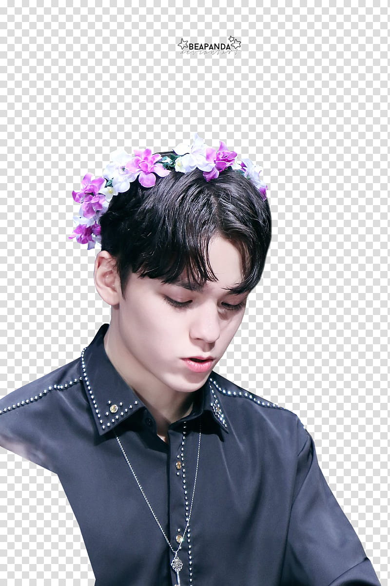 Vernon SEVENTEEN, man wearing flower head accessory and black top transparent background PNG clipart