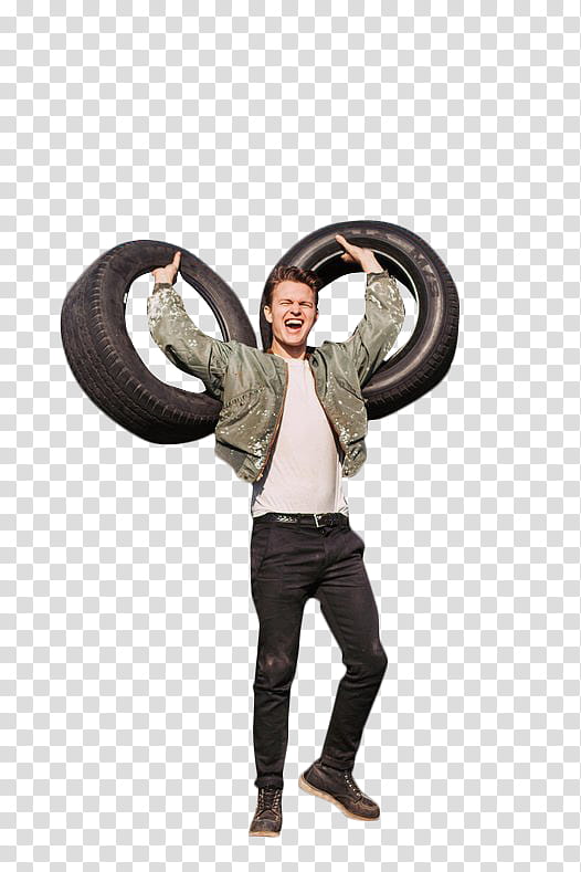 Ansel Elgort , man carrying two vehicle tires transparent background PNG clipart