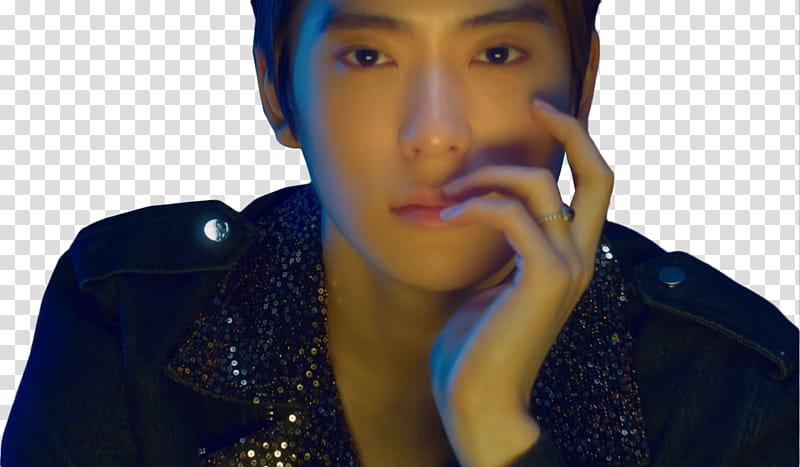NCT NCT  YEARBOOK, man wearing black leather notched lapel blazer while touching his face close-up transparent background PNG clipart