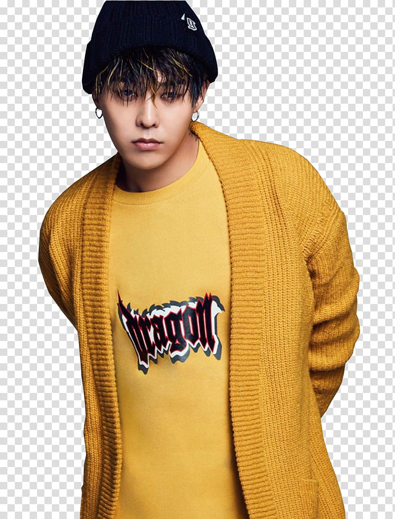 G DRAGON, man wearing yellow cardigan transparent background PNG clipart