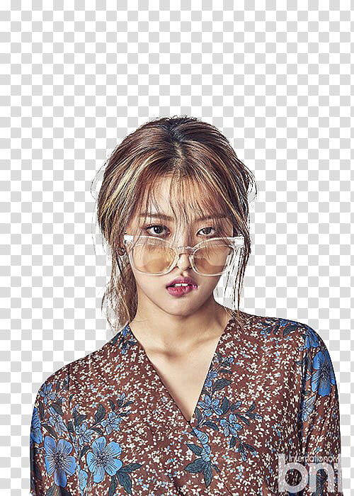 MOMOLAND, woman wearing brown and blue floral surplice neckline shirt transparent background PNG clipart