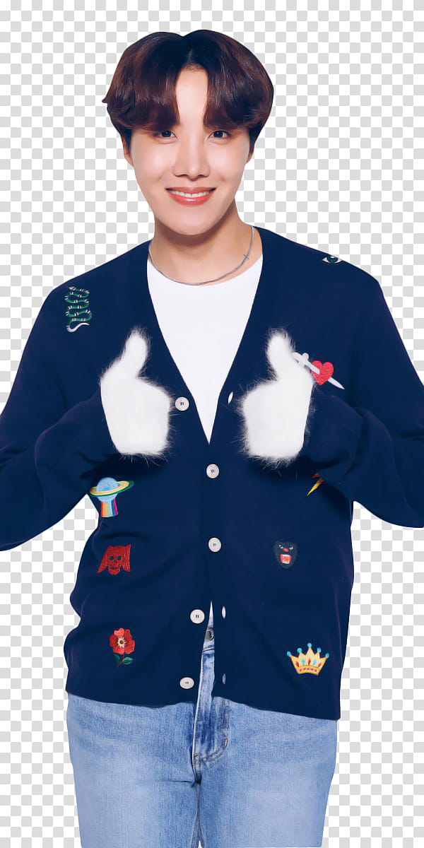 BTS BTS X LG MERRY CHRISTMAS, man wearing blue cardigan and blue denim jeans doing thumbs up transparent background PNG clipart