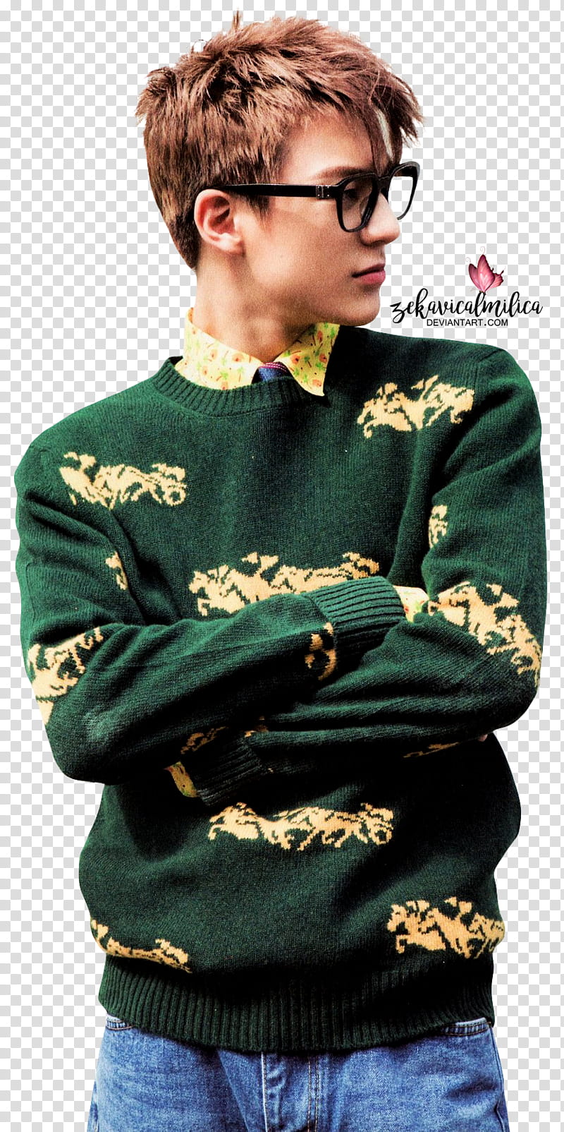 NCT Jeno  Season Greetings, man wearing green and brown horses graphic sweatshirt cross hands transparent background PNG clipart