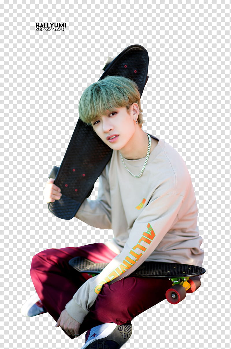 Bang Chan, man sitting carrying skateboard transparent background PNG clipart