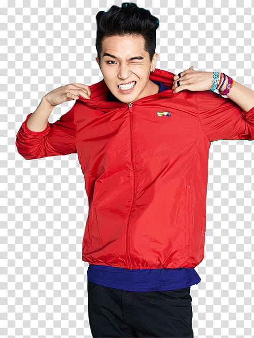 Mino wearing red zip-up jacket standing transparent background PNG clipart