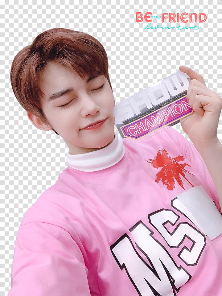 man wearing pink and white sweater holding Show Champion paper transparent background PNG clipart