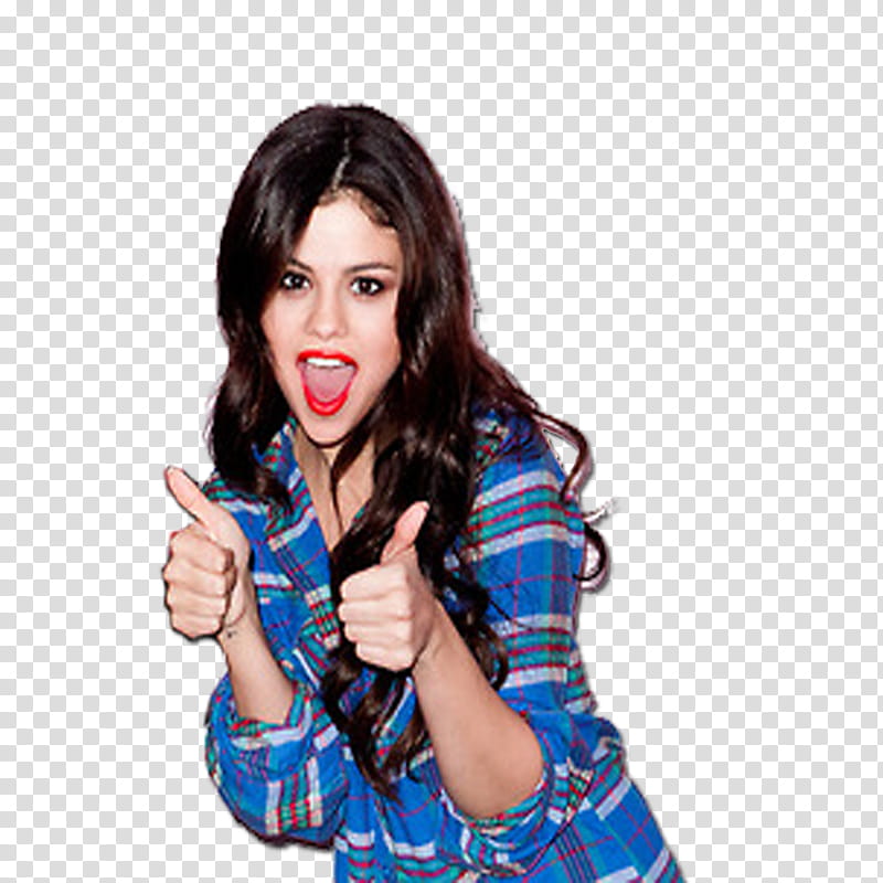 Selena Gomez , Selena Gomez doing thumbs up wearing blue and red long-sleeved shirt transparent background PNG clipart