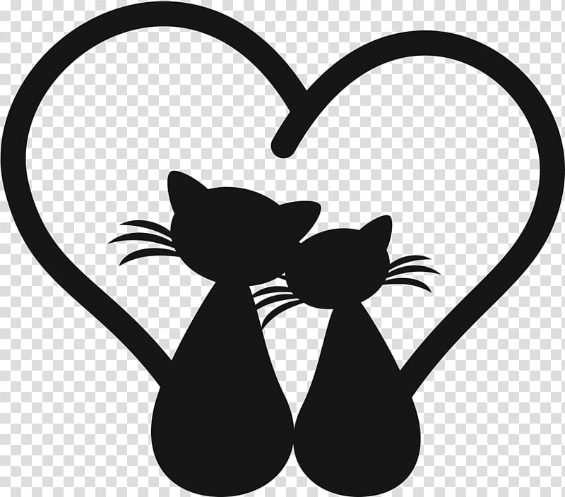 black-and-white cat silhouette black cat heart, Blackandwhite, Small To Mediumsized Cats, Love, Plant, Whiskers transparent background PNG clipart