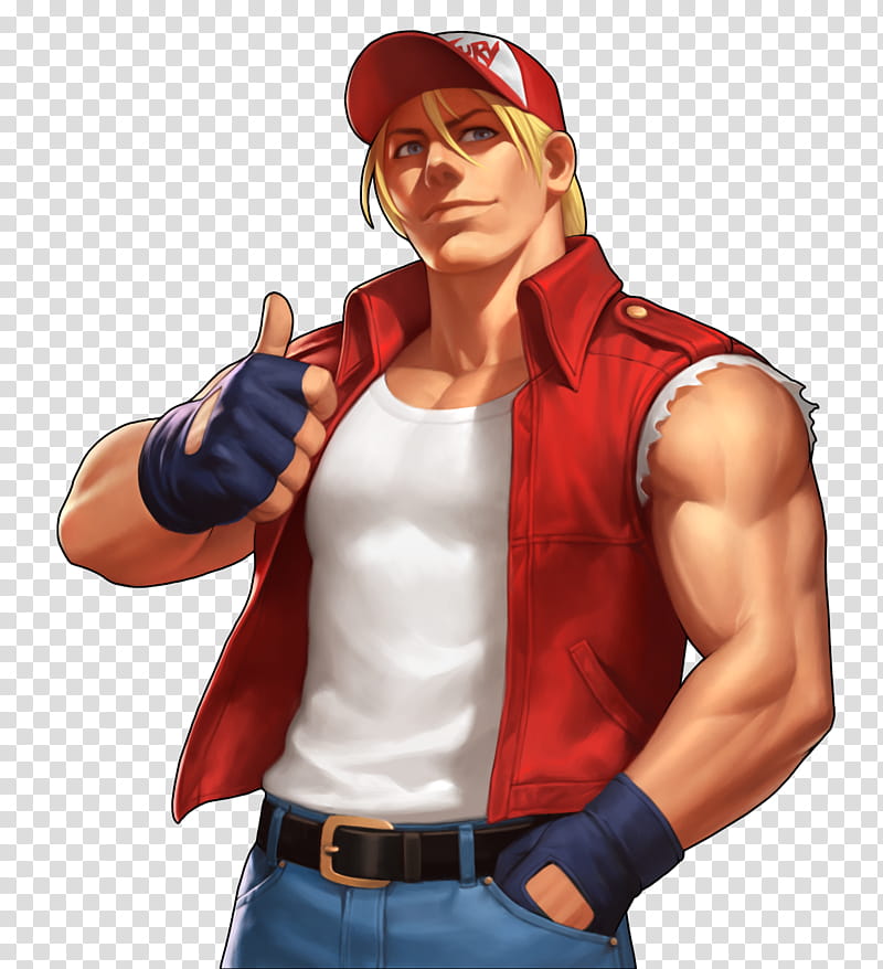Terry Bogard KOF  OL, man wearing red zip-up vest and red and white baseball cap transparent background PNG clipart