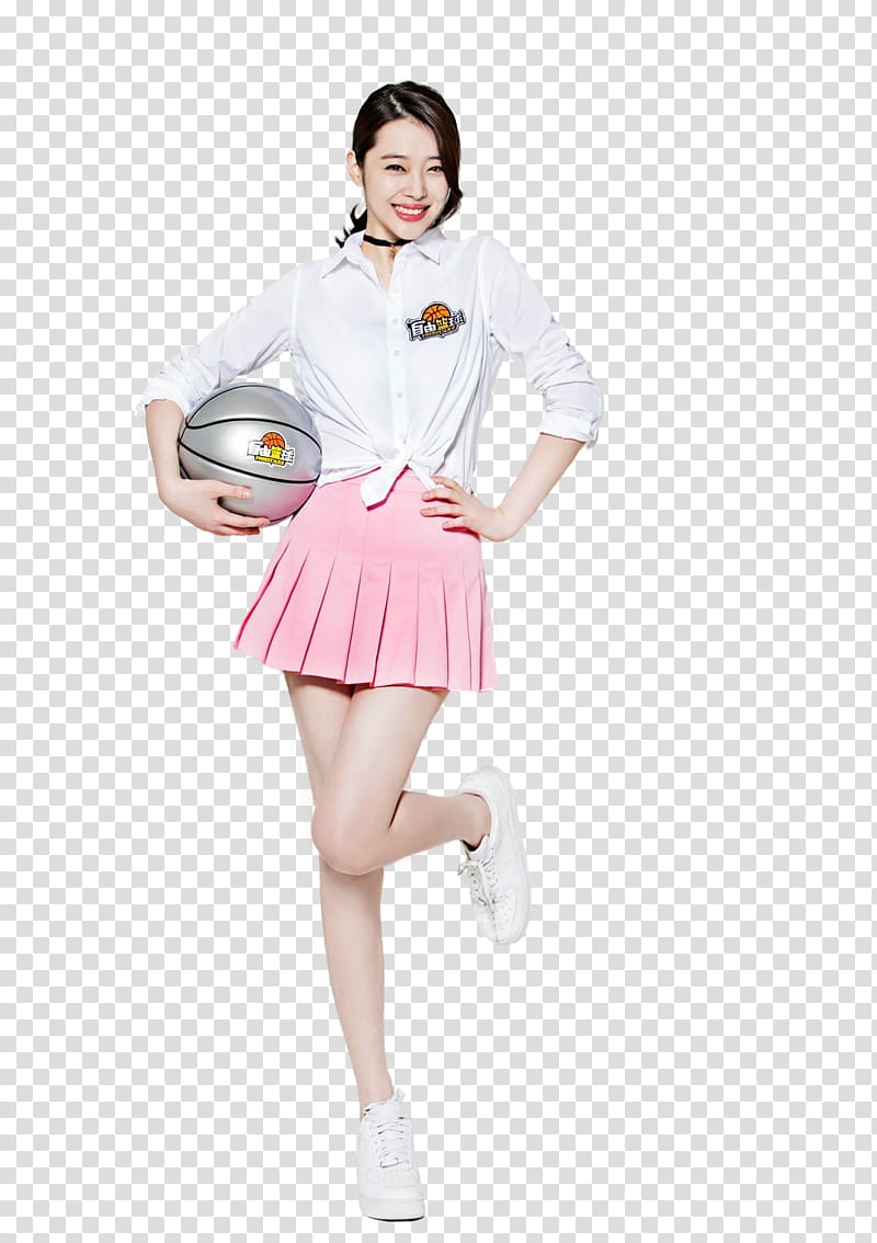 smiling woman standing on one leg with left arm akimbo and right hand holding basketball transparent background PNG clipart