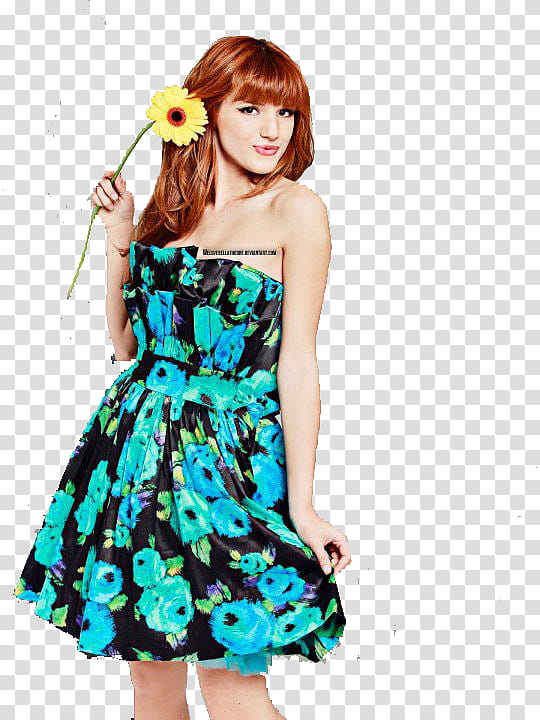 Bella Thorne, standing and smirking Bella Thorne in blue and black floral a-line dress holding yellow Gerbera daisy flower transparent background PNG clipart