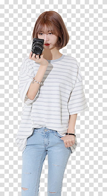 SHARE ULZZANG, woman in striped shirt and blue jeans transparent background PNG clipart