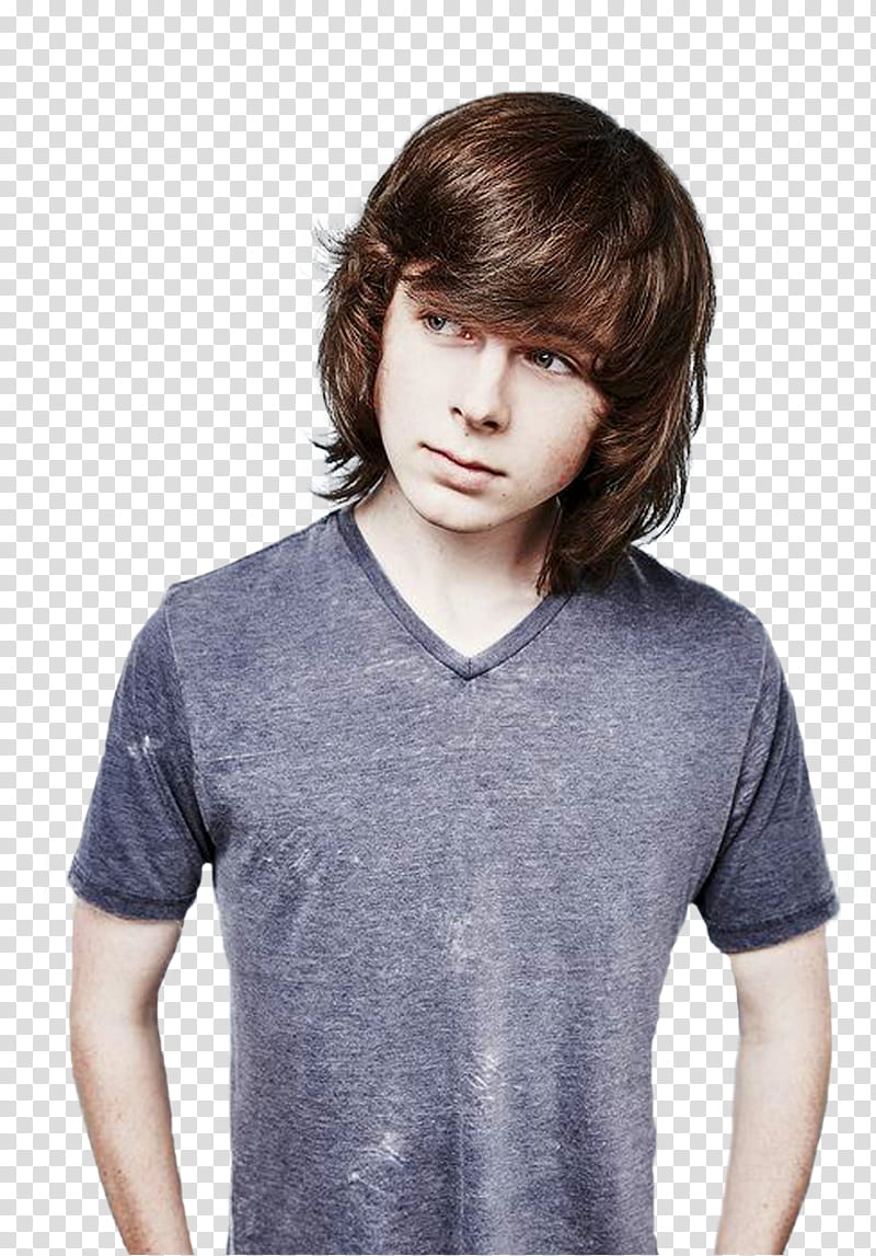 Chandler Riggs, man wearing gray v-neck shirt transparent background PNG clipart