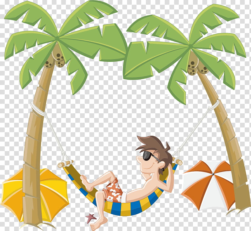 Cartoon Palm Tree, Beach, Hammock Between Palm Trees, Seaside Resort, Leaf, Plant, Plant Stem, Animal Figure transparent background PNG clipart