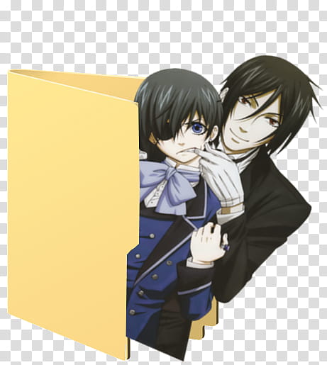 Black butler Folder Icon, male and female anime character with brown folder illustration transparent background PNG clipart