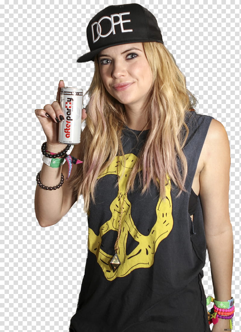 Ashley Benson, smiling woman holding After Party beer can transparent background PNG clipart