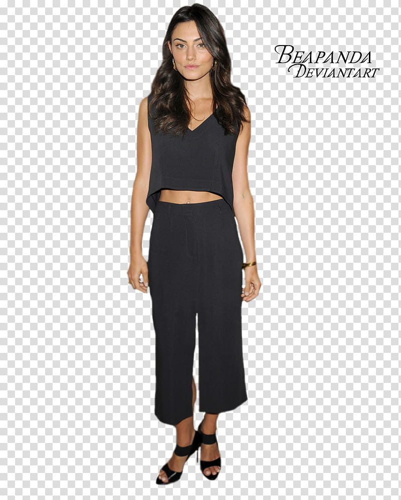 Phoebe Tonkin, woman wearing black V-neckline sleeveless shirt and black pants standing inside room transparent background PNG clipart