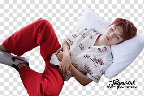 SEVENTEEN TEEN AGE SHOOT BEHIND, man in red button-up shirt lying on pillow transparent background PNG clipart