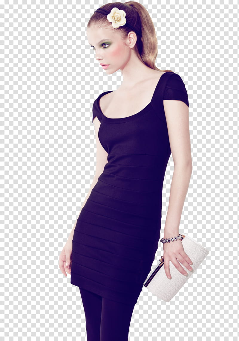 woman in a black scoop neck dress transparent background PNG clipart