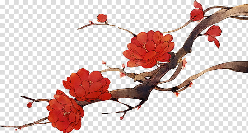 , red flowers in brown tree branch transparent background PNG clipart