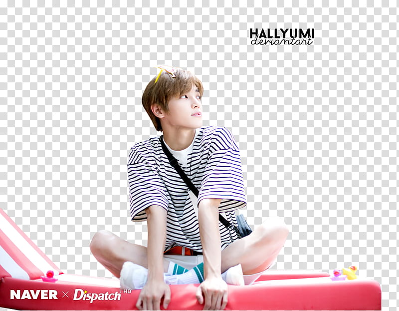 Taeyong, man sits in red Naver Dispatch mattress transparent background PNG clipart