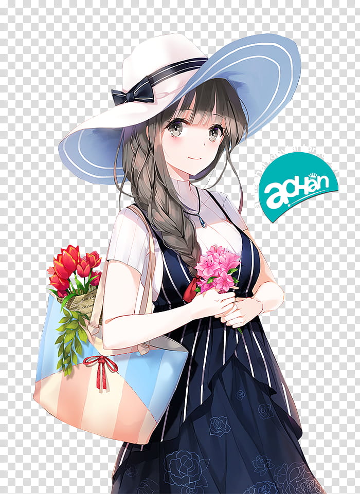 render anime girl, woman wears hat and bag cartoon transparent background PNG clipart