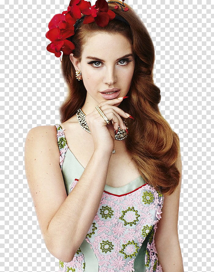 Lana Del Rey, woman in pink nad green floral dress holding her chin transparent background PNG clipart
