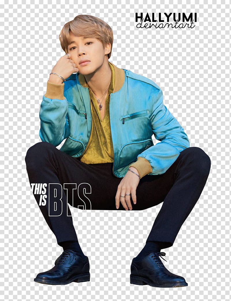 BTS BILLBOARD, BTS man wearing teal zip-up jacket squatting transparent background PNG clipart