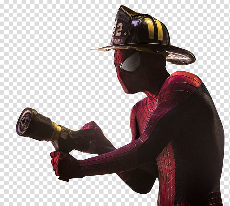 Andrew Garfield CALIDAD HD , Spider-Man holding firehose and wearing black and yellow hat transparent background PNG clipart