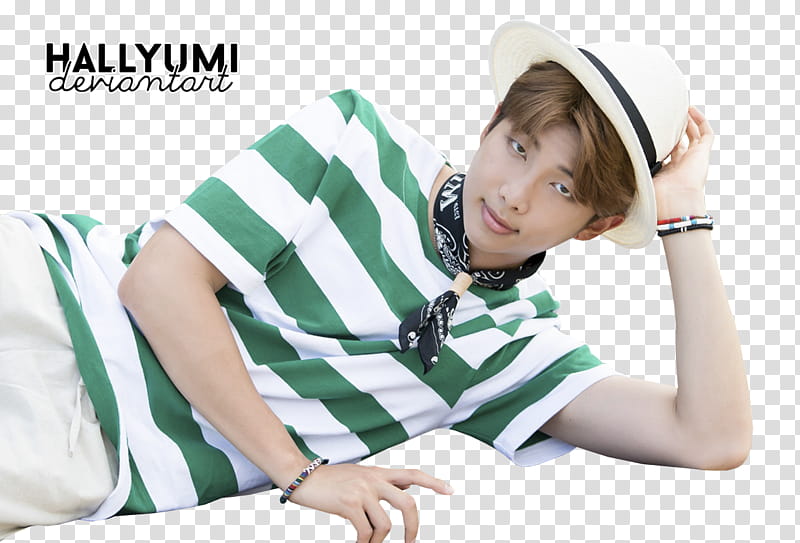 BTS JK and RM, man in striped top wearing white hat leaning on his left arm transparent background PNG clipart