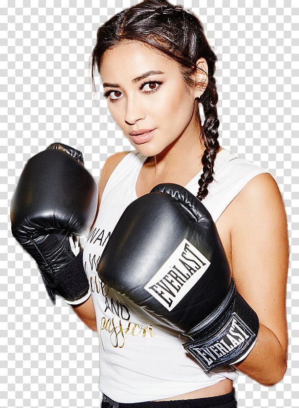 Shay Mitchell, woman wearing black Everlast boxing gloves transparent background PNG clipart