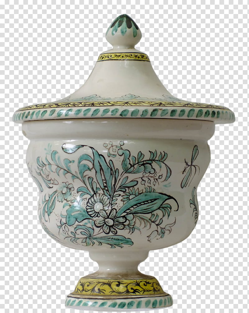 Green apothecary pot, white and blue floral ceramic container transparent background PNG clipart