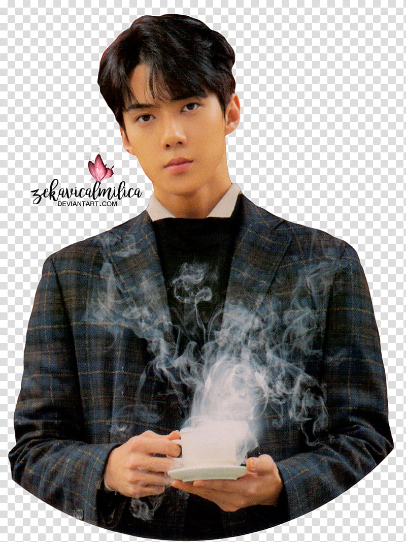 EXO Universe, Exo Sehun holding ceramic teacup with saucer transparent background PNG clipart