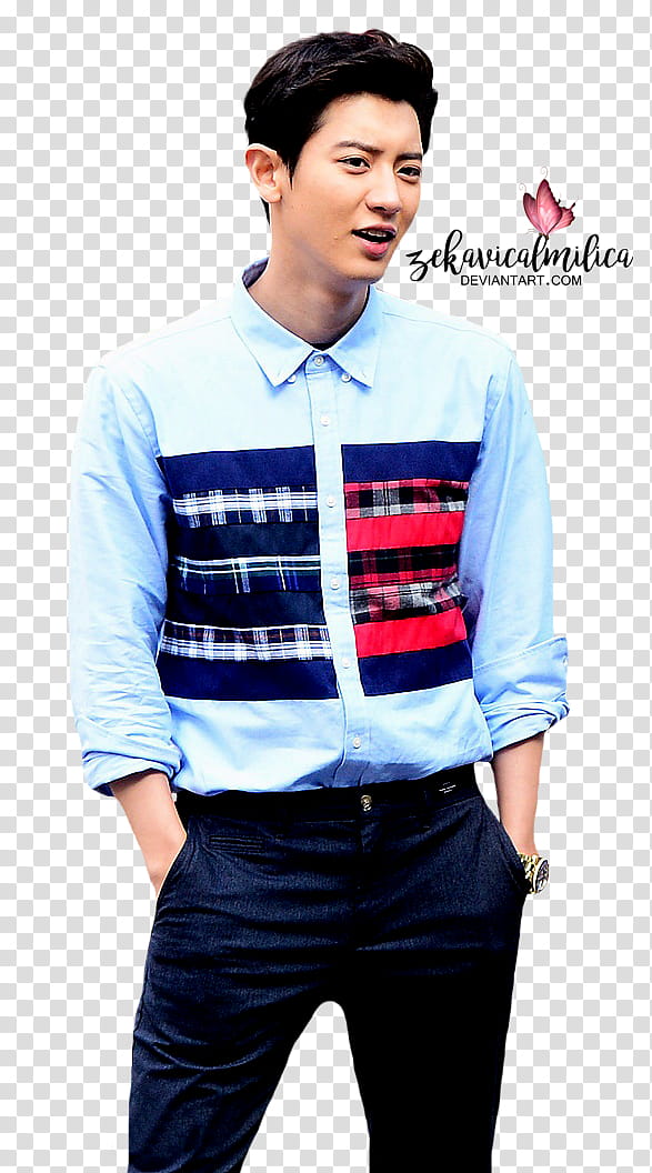 EXO Chanyeol W Korea, man in white, blue, and red dress shirt