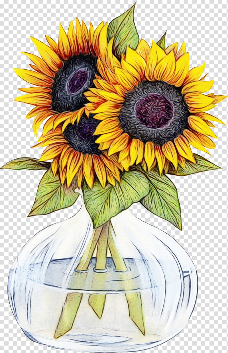 Sunflower, Watercolor, Paint, Wet Ink, Cut Flowers, Yellow, Plant, Vase transparent background PNG clipart