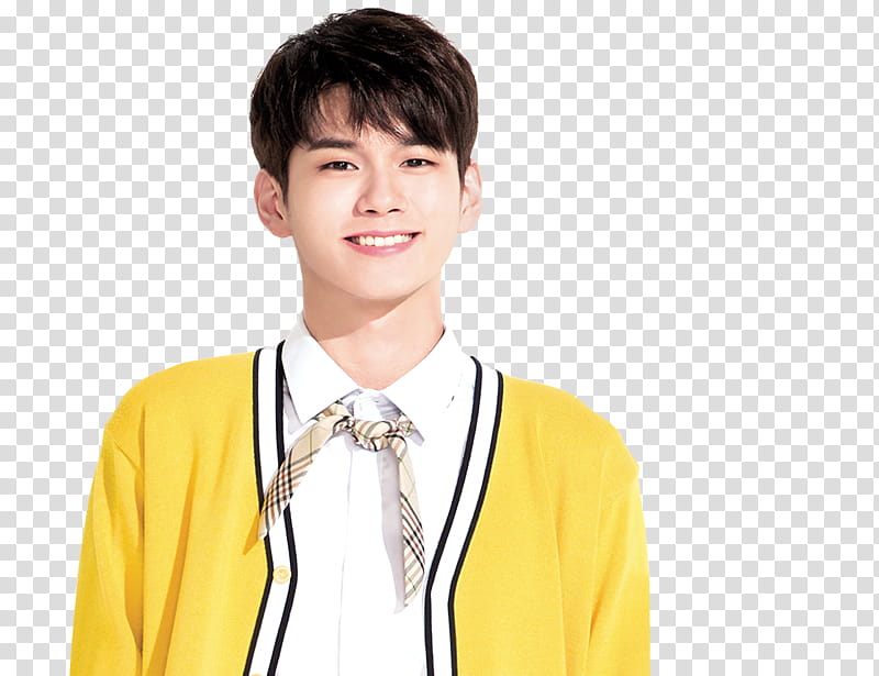 WANNA ONE X Ivy Club P, man in yellow and white sweatshirt and white dress shirt transparent background PNG clipart
