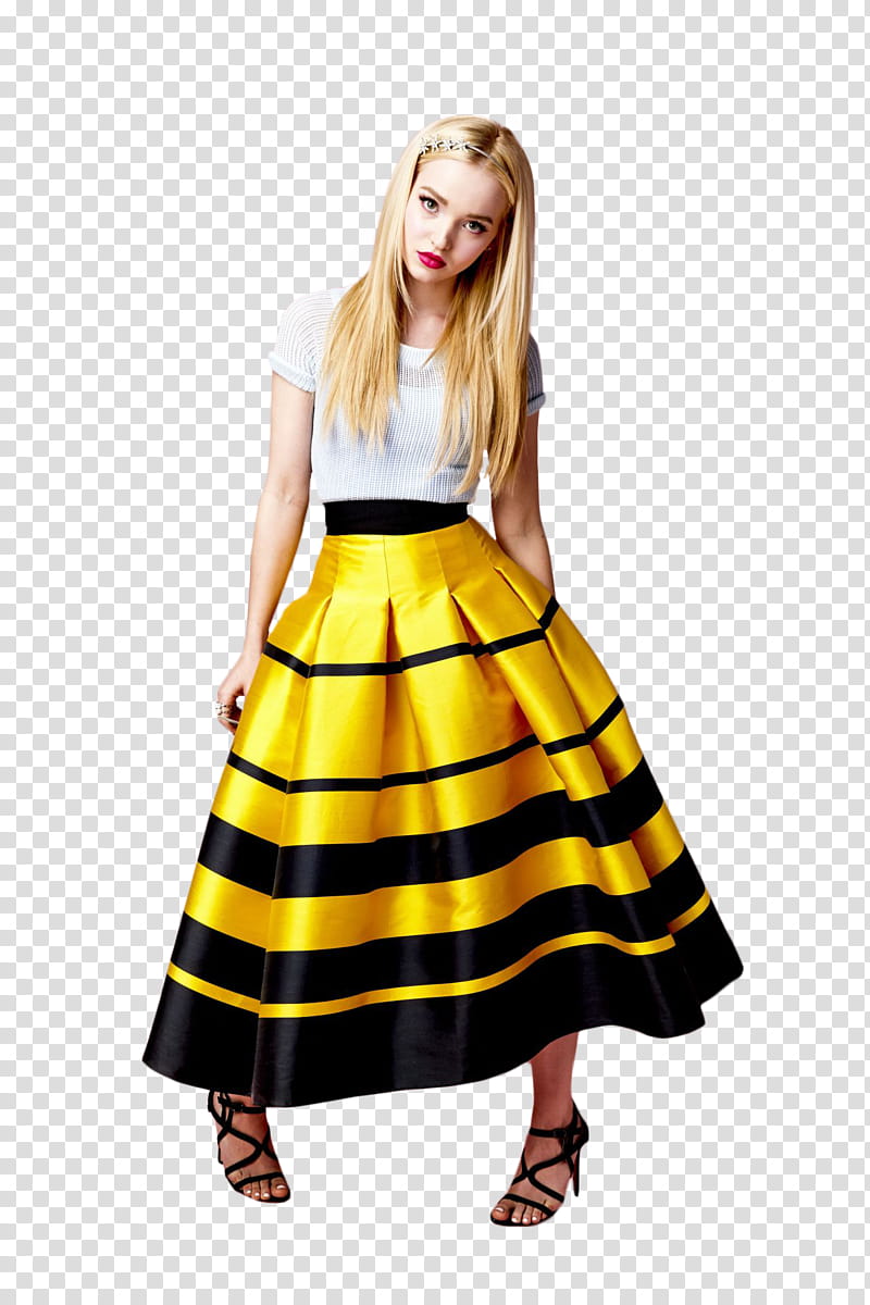 Dove Cameron, standing woman wearing white t-shirt and yellow and black striped pleated skirt illustration transparent background PNG clipart
