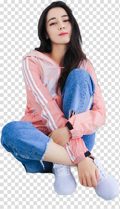 Dilraba Dilmurat Adidas NEO, woman wearing pink Adidas windbreaker jacket and blue denim boyfriend jeans transparent background PNG clipart