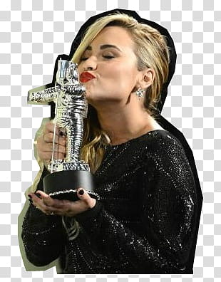 Demi Lovato, Demi Lovato holding gray trophy transparent background PNG clipart
