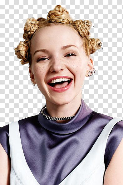 Dove Cameron, smiling woman wearing purple and sleeveless top and white overalls transparent background PNG clipart