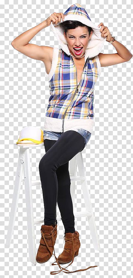 Diana Sanchez, woman wearing blue-yellow-and-white plaid sleeveless zip hoodie and black skinny jeans outfit transparent background PNG clipart