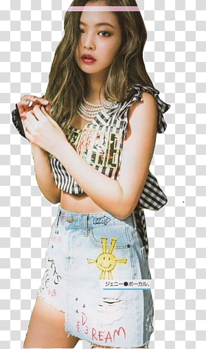 Black Pink, woman wearing blue denim short shorts transparent background PNG clipart thumbnail