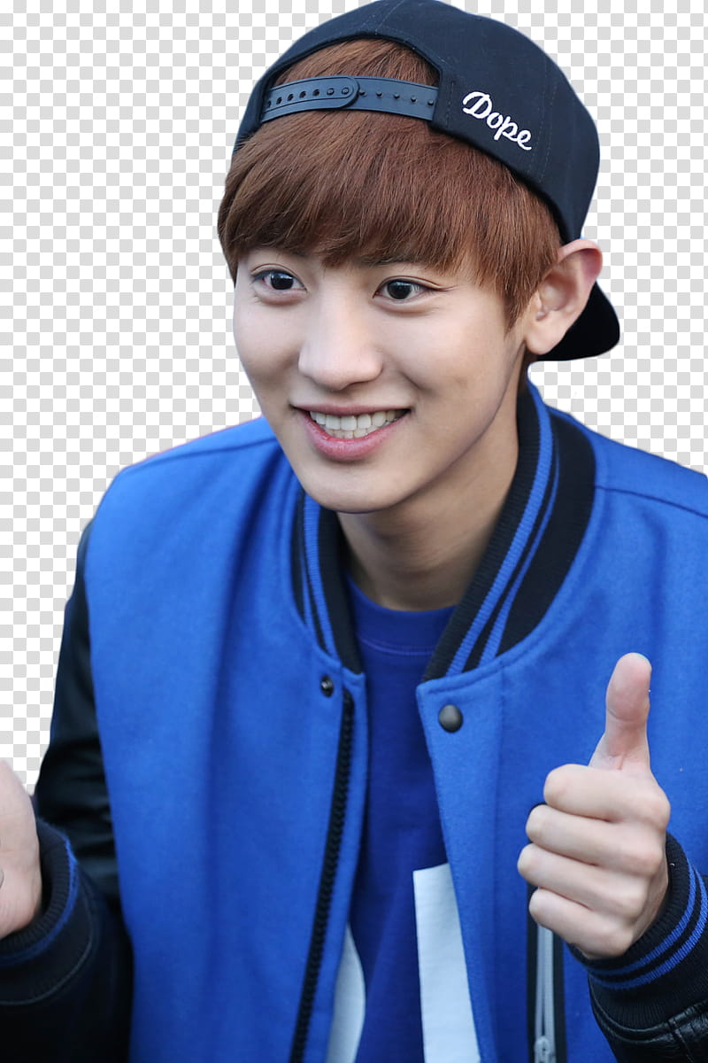 Chanyeol, man wearing black fitted cap and blue-and-black letterman jacket transparent background PNG clipart